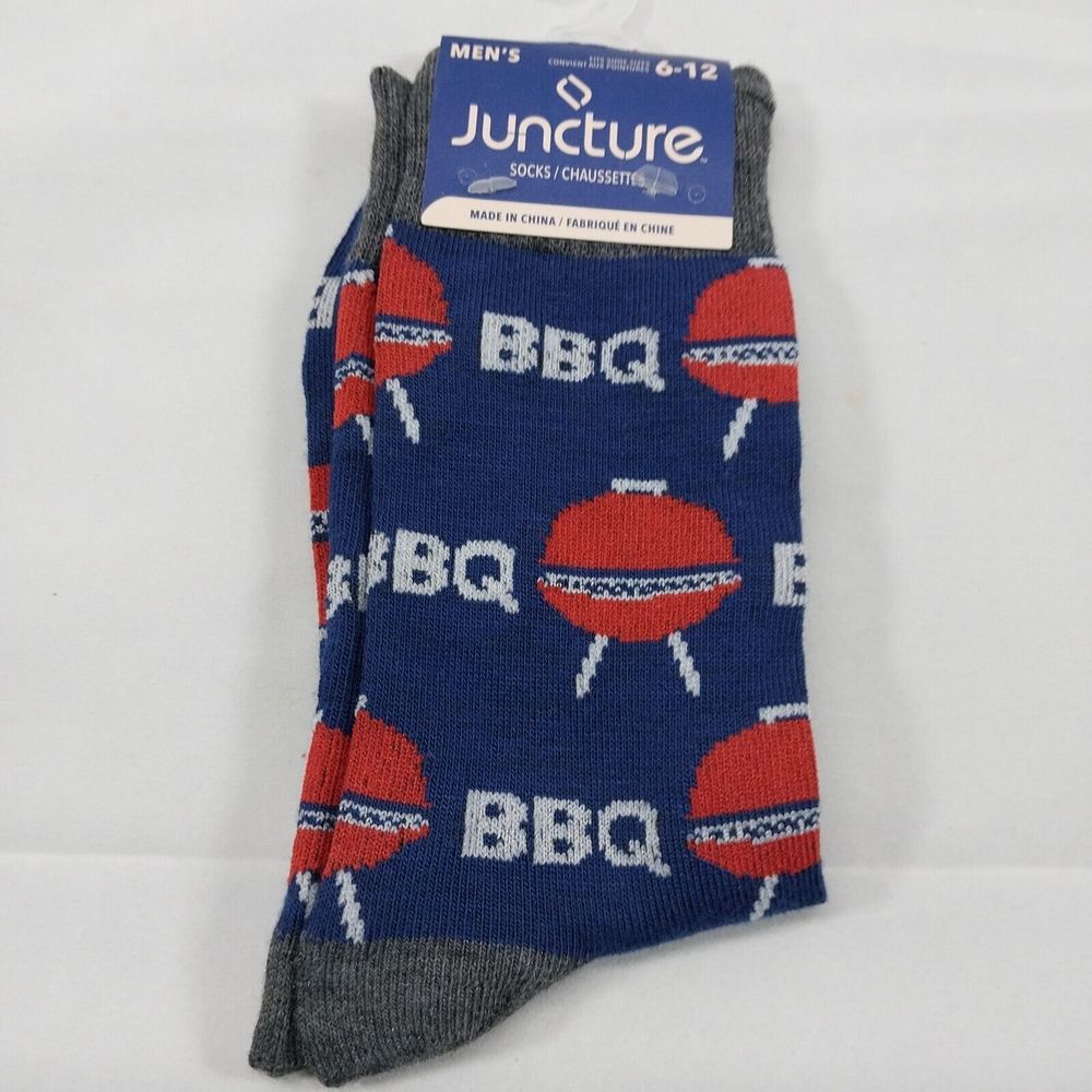 Juncture Socks Men's Crew 6-12 BBQ Grill Print Novelty Blue Gray Red